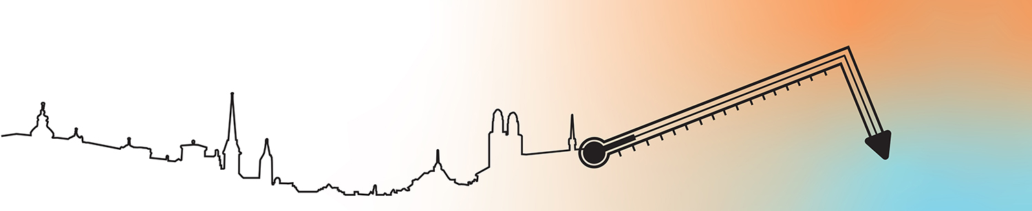 Logo Beating the Heat 2023  Stadtsilhouette von Zürich mit Fiebermesser 